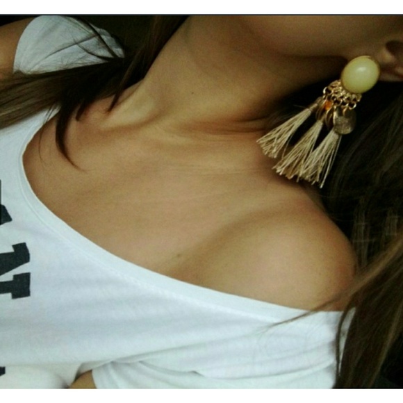 Moonstone Boho Gold Tassel Earrings - Picture 6 of 8